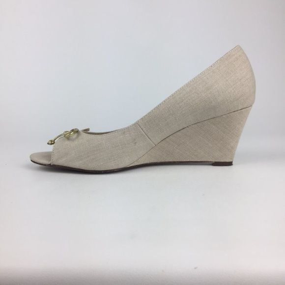Kate Spade Womens Linen Peep Toe Wedge Heels Beige Cream Shoes Gold Bow size 10 - Picture 7 of 15